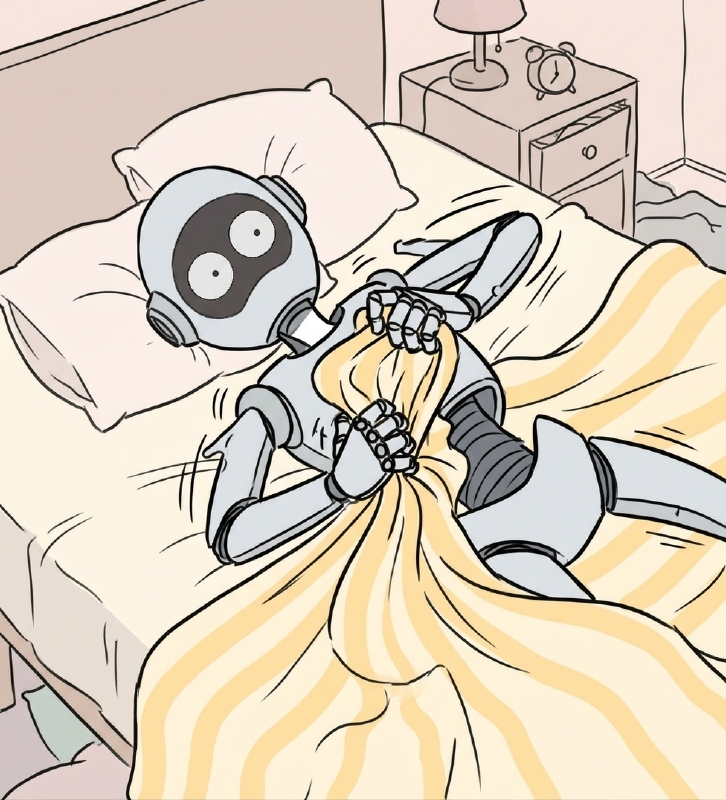 a cartoon robot tossing and turning in bed, wide awake with panic