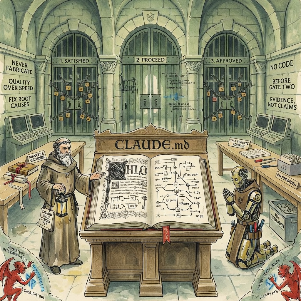 Illustration of a human and Claude Code software development collaboration.