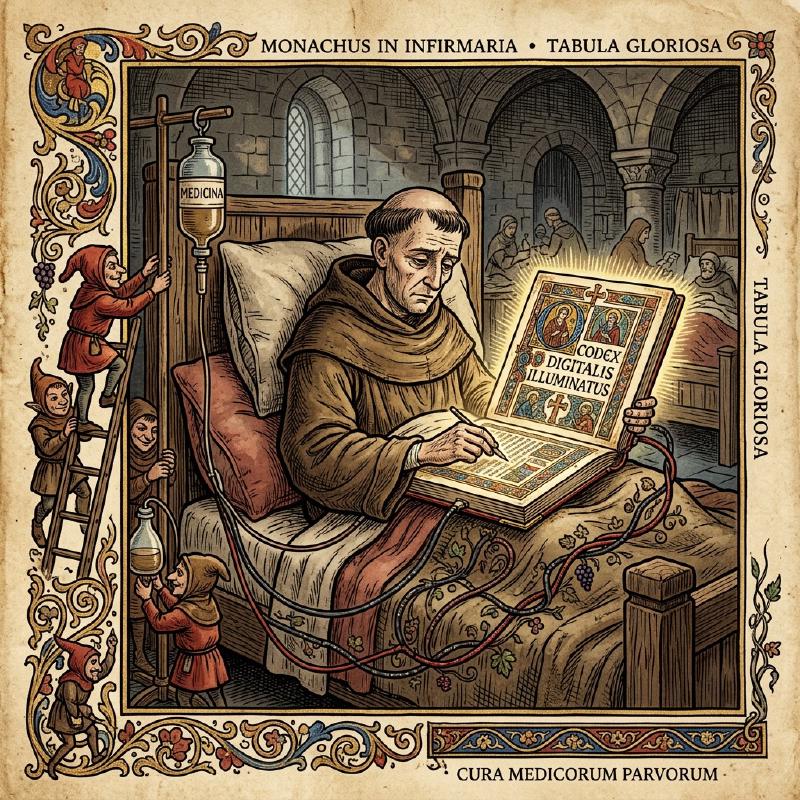 A medieval monk in a medieval hospital bed with a glowing book-like-laptop.