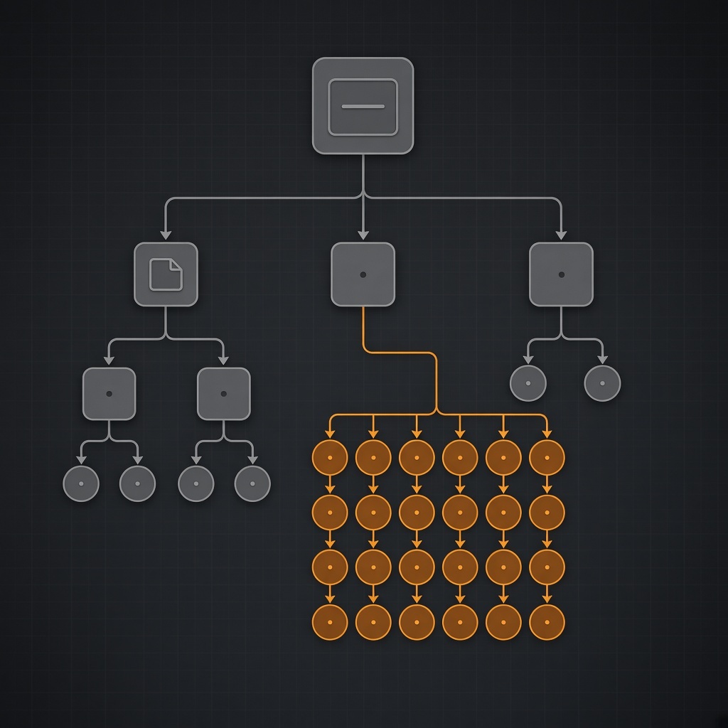 A nested tree diagram, one branch of nodes picked out from the rest