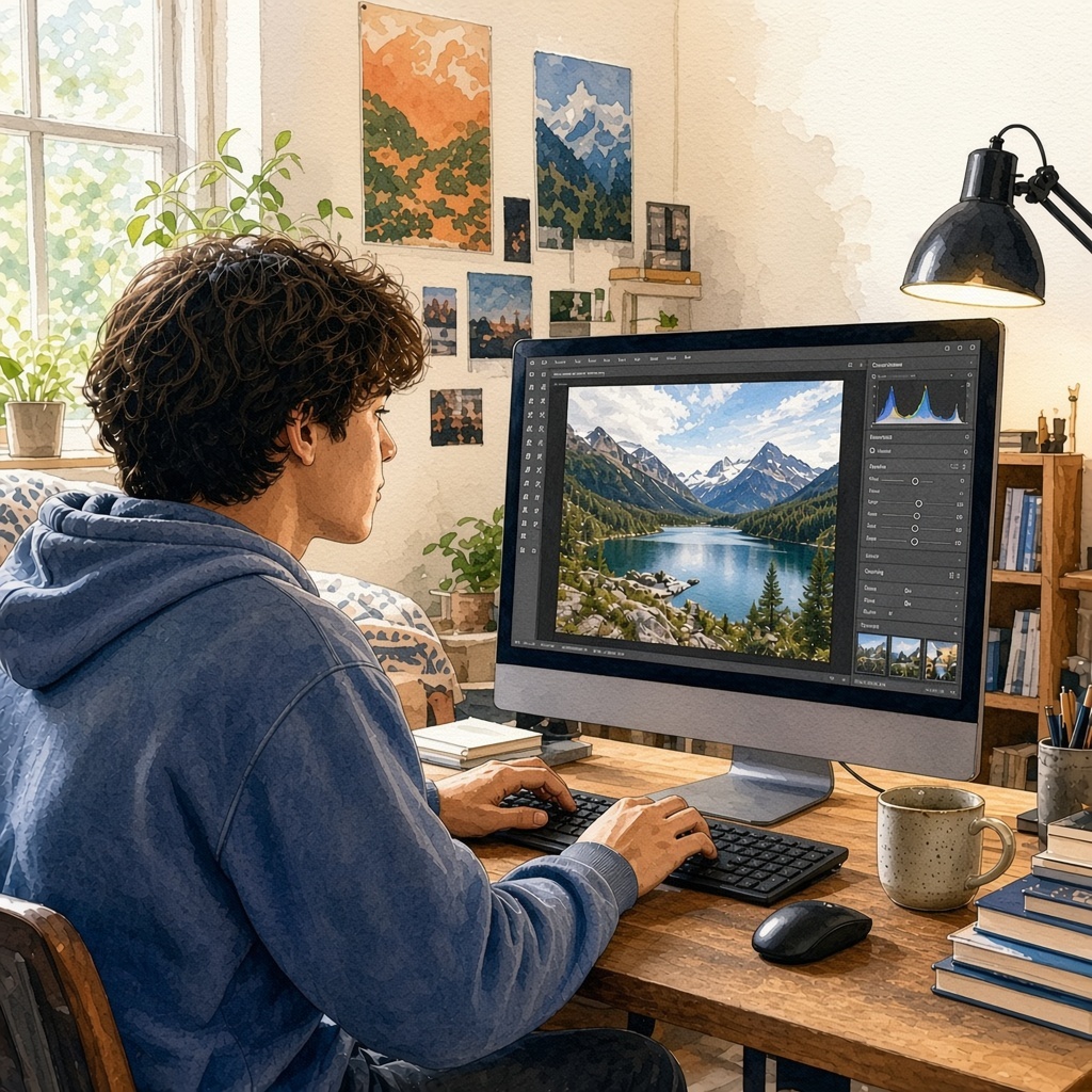 A student editing a photograph at a large monitor in a bright dorm room