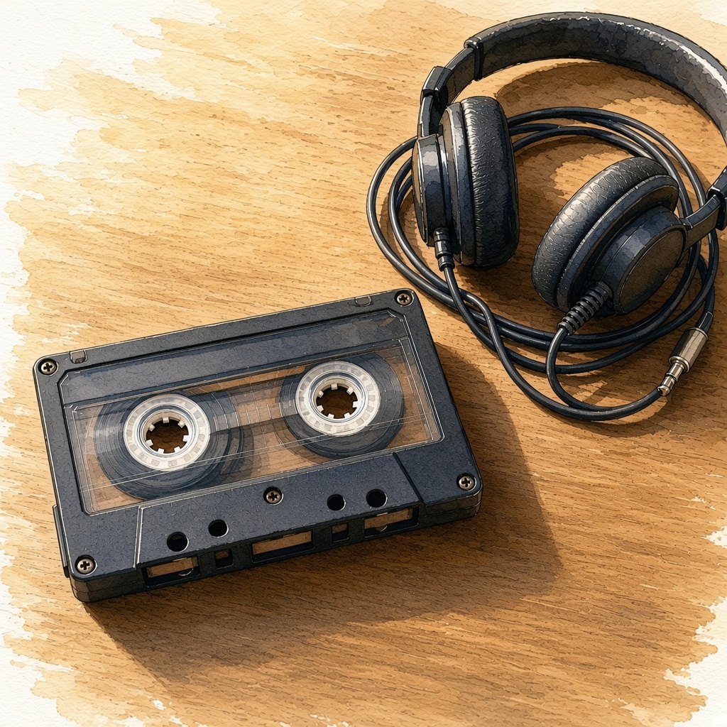 A 1980s portable cassette player with a cassette half inserted, headphones beside it