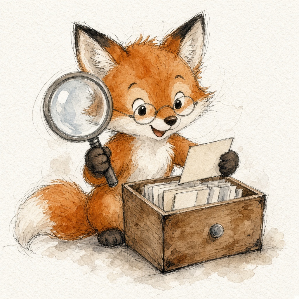 A cartoon fox with a magnifying glass slotting a card into an index box