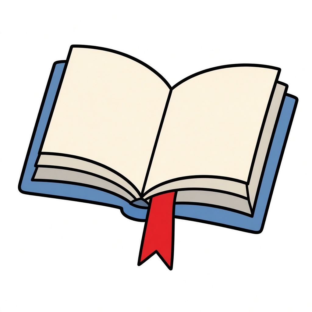A ribbon bookmark hanging from an open book, in 1990s office clip-art style