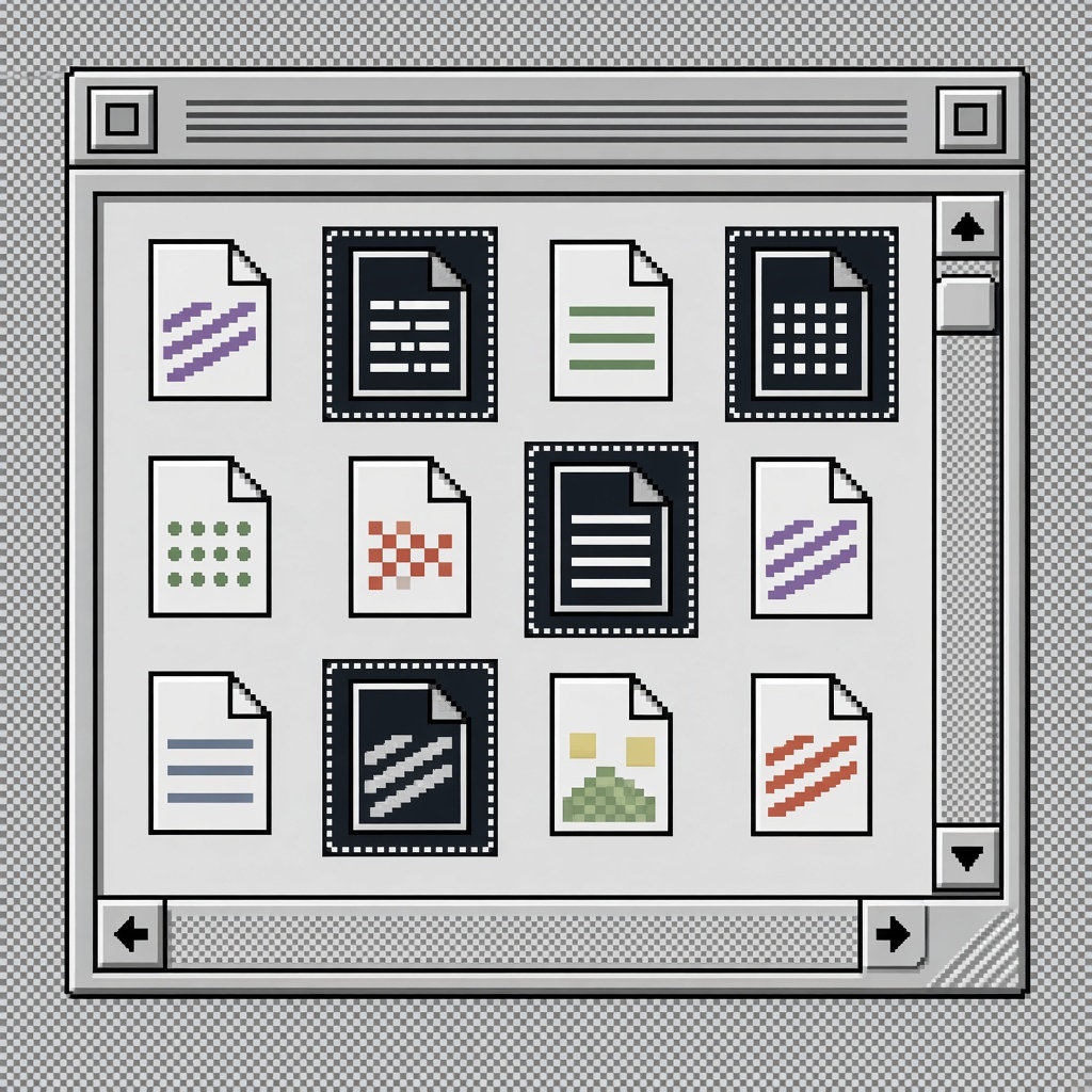 A 1990s desktop file manager window, a grid of document icons with several selected
