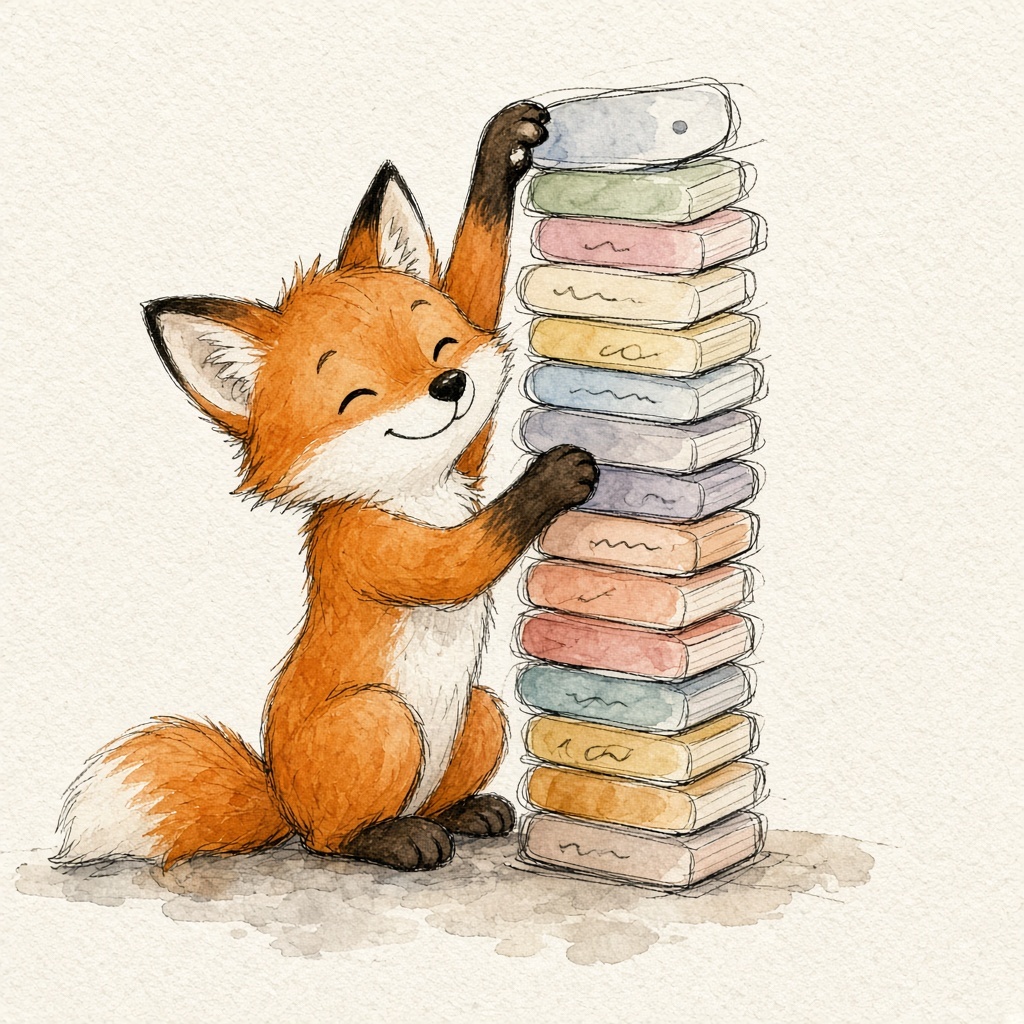 A cartoon fox steadying a tall precarious stack of rounded cards