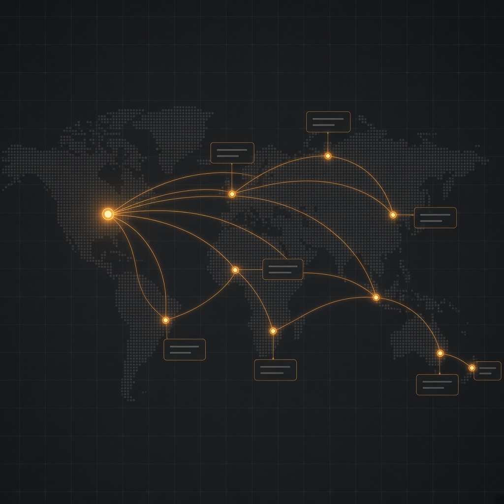 A world map drawn as a subtitle routing diagram, one source fanning out to many destinations